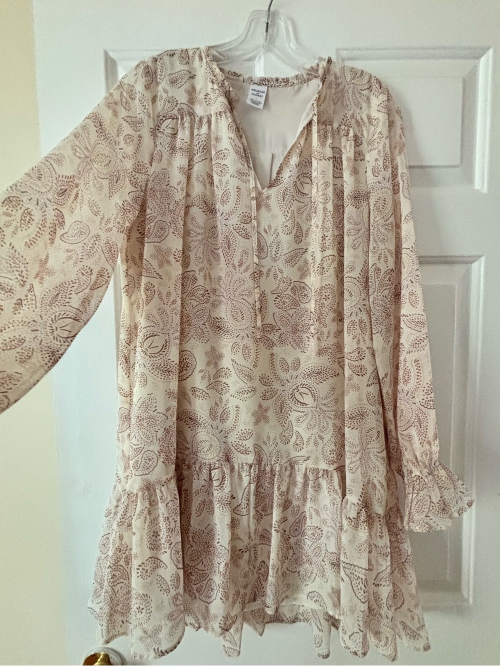 New Light Pink Paisley Ruffle Hem Long-Sleeve Dress
